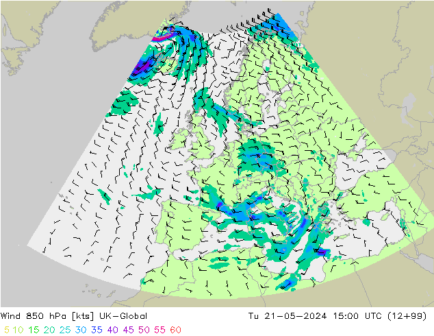 Wind 850 hPa UK-Global Út 21.05.2024 15 UTC