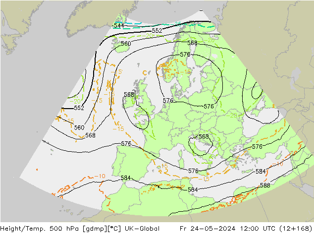 Height/Temp. 500 hPa UK-Global Fr 24.05.2024 12 UTC