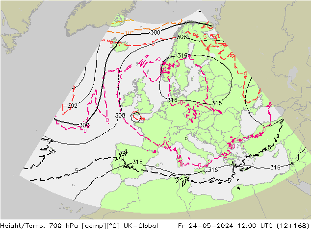 Height/Temp. 700 hPa UK-Global ven 24.05.2024 12 UTC