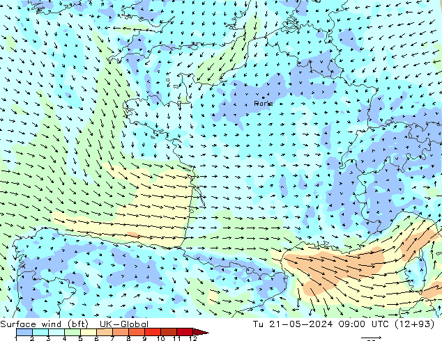 Surface wind (bft) UK-Global Tu 21.05.2024 09 UTC