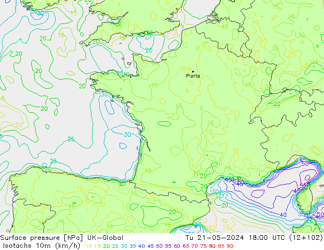 Isotachs (kph) UK-Global  21.05.2024 18 UTC