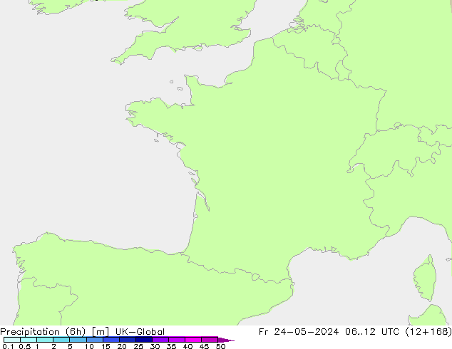 Precipitation (6h) UK-Global Fr 24.05.2024 12 UTC