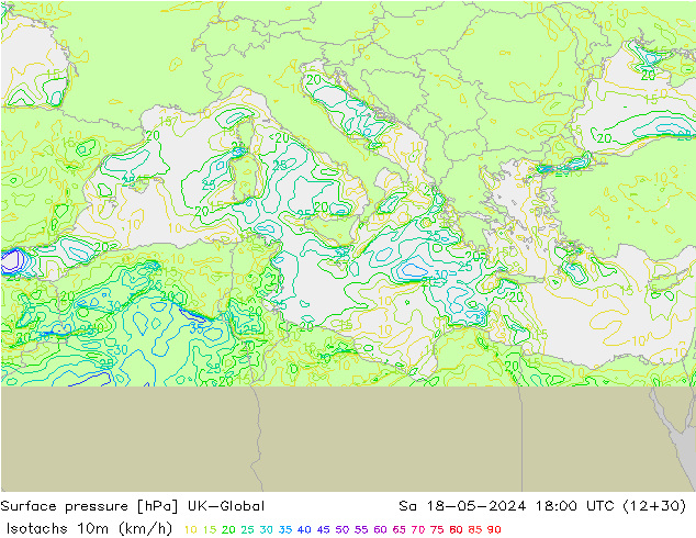 Izotacha (km/godz) UK-Global so. 18.05.2024 18 UTC