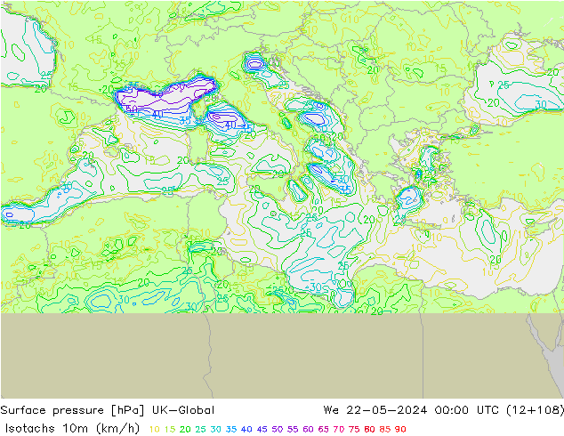 Isotachs (kph) UK-Global We 22.05.2024 00 UTC