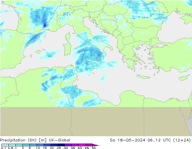 Precipitation (6h) UK-Global So 18.05.2024 12 UTC