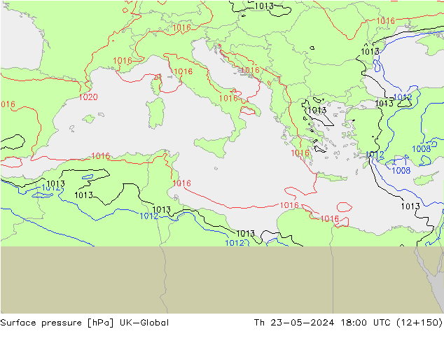 Pressione al suolo UK-Global gio 23.05.2024 18 UTC