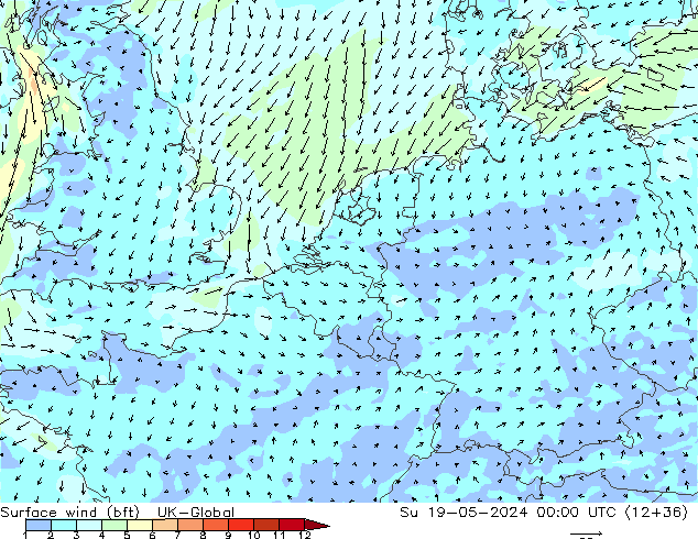 Surface wind (bft) UK-Global Su 19.05.2024 00 UTC