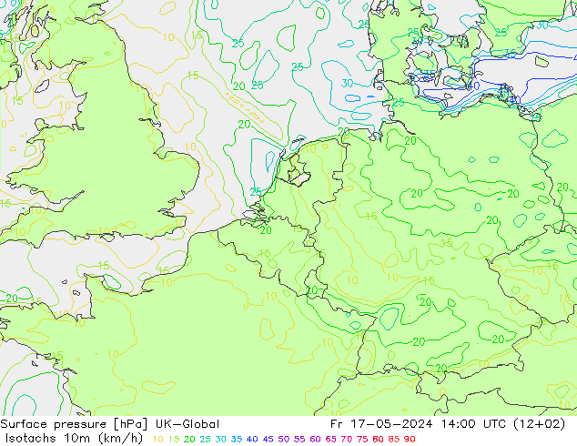 Isotachen (km/h) UK-Global vr 17.05.2024 14 UTC