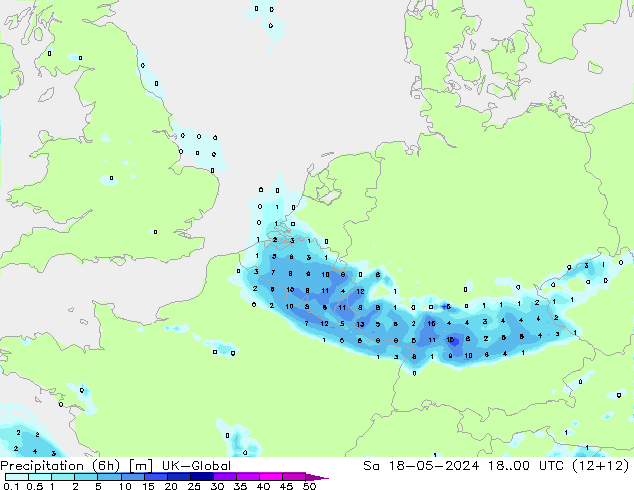 Totale neerslag (6h) UK-Global za 18.05.2024 00 UTC