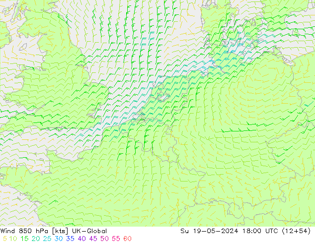 Wind 850 hPa UK-Global Su 19.05.2024 18 UTC