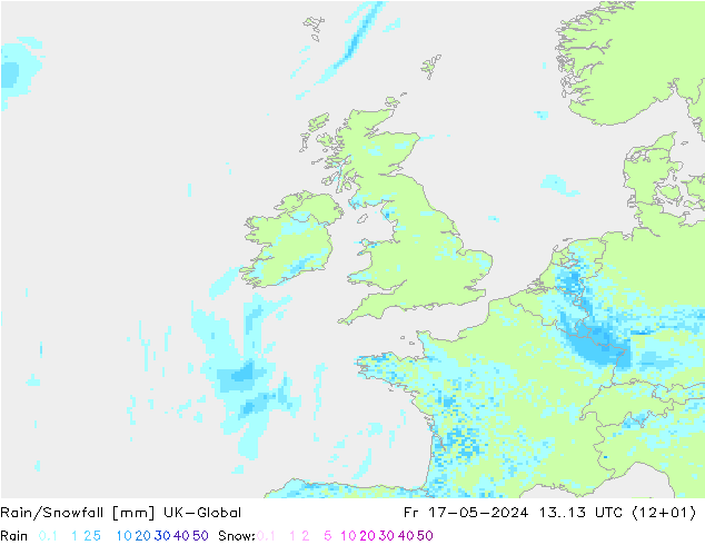 Rain/Snowfall UK-Global Fr 17.05.2024 13 UTC