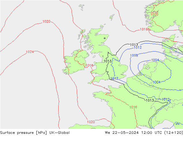 Presión superficial UK-Global mié 22.05.2024 12 UTC