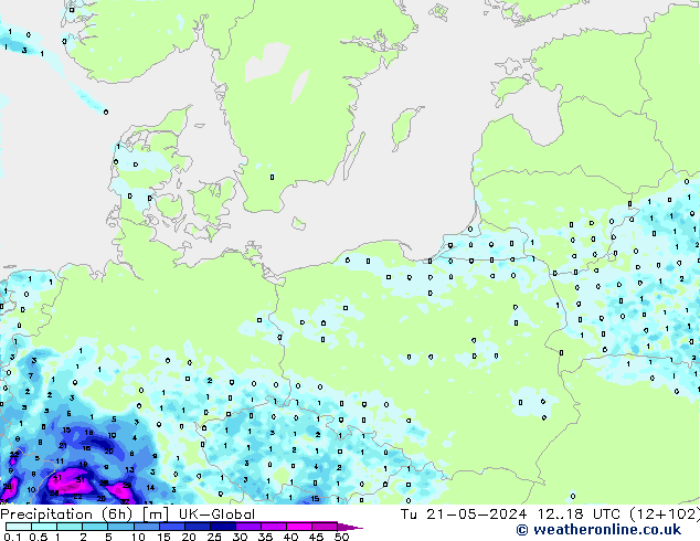 Precipitation (6h) UK-Global Út 21.05.2024 18 UTC
