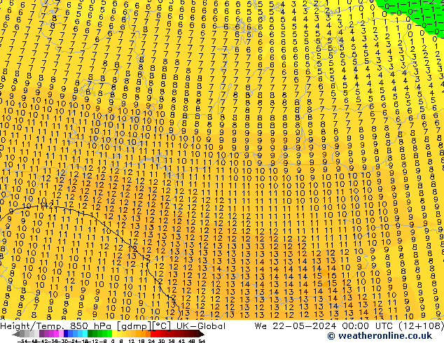 Yükseklik/Sıc. 850 hPa UK-Global Çar 22.05.2024 00 UTC