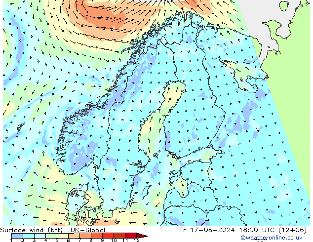 Wind 10 m (bft) UK-Global vr 17.05.2024 18 UTC