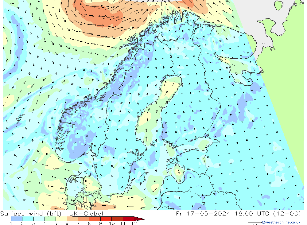 Surface wind (bft) UK-Global Fr 17.05.2024 18 UTC