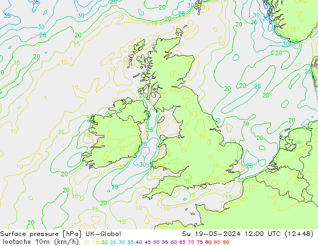 Isotaca (kph) UK-Global dom 19.05.2024 12 UTC