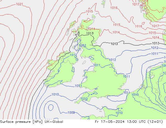 Pressione al suolo UK-Global ven 17.05.2024 13 UTC