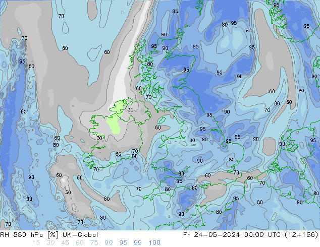Humidité rel. 850 hPa UK-Global ven 24.05.2024 00 UTC