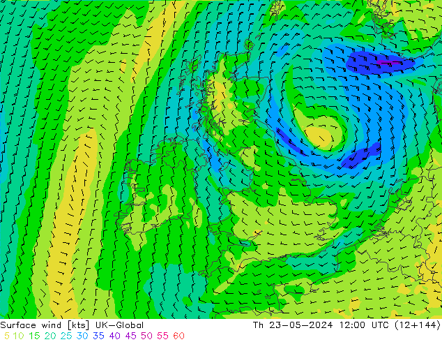 Surface wind UK-Global Th 23.05.2024 12 UTC