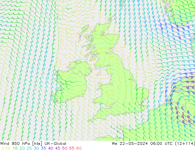 Wind 850 hPa UK-Global We 22.05.2024 06 UTC