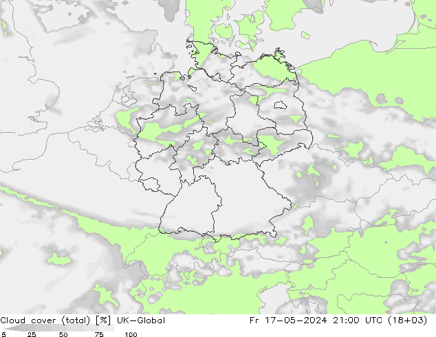 Cloud cover (total) UK-Global Fr 17.05.2024 21 UTC