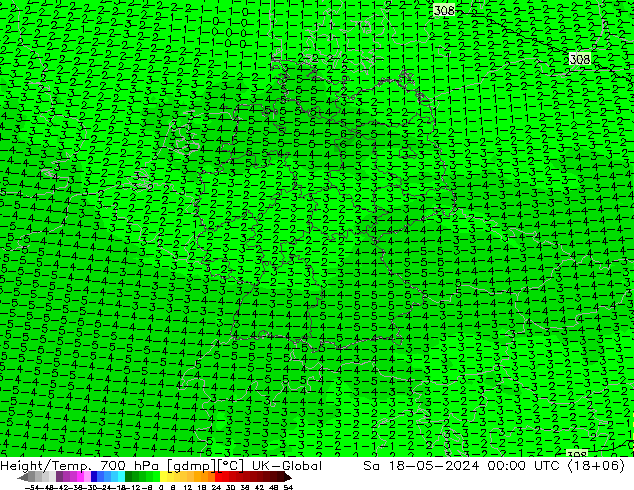 Height/Temp. 700 hPa UK-Global sab 18.05.2024 00 UTC