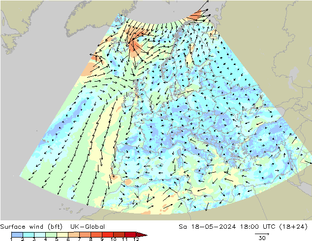 Wind 10 m (bft) UK-Global za 18.05.2024 18 UTC