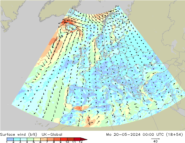 Surface wind (bft) UK-Global Mo 20.05.2024 00 UTC