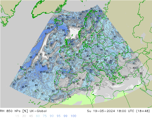 Humidité rel. 850 hPa UK-Global dim 19.05.2024 18 UTC