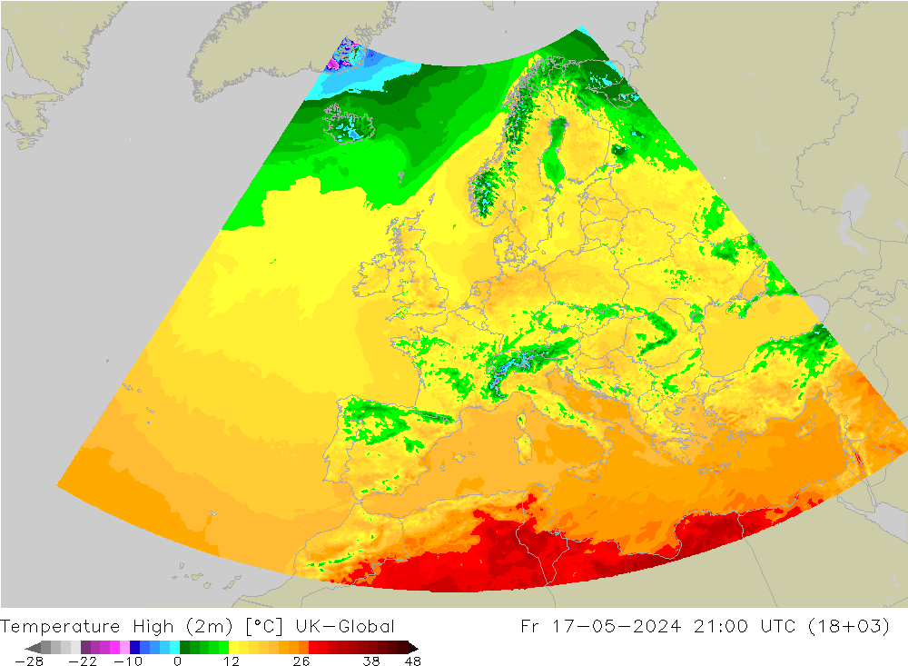 Temperature High (2m) UK-Global Fr 17.05.2024 21 UTC
