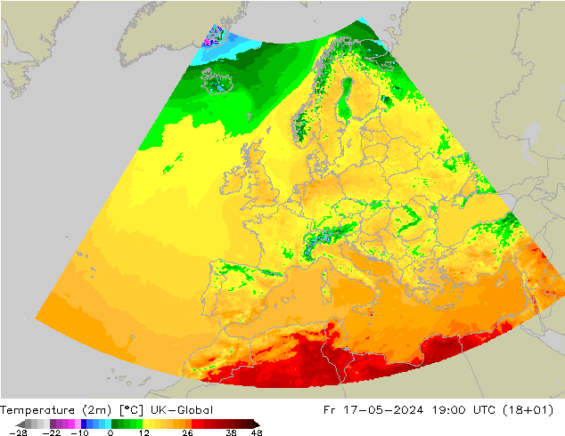 Temperature (2m) UK-Global Fr 17.05.2024 19 UTC