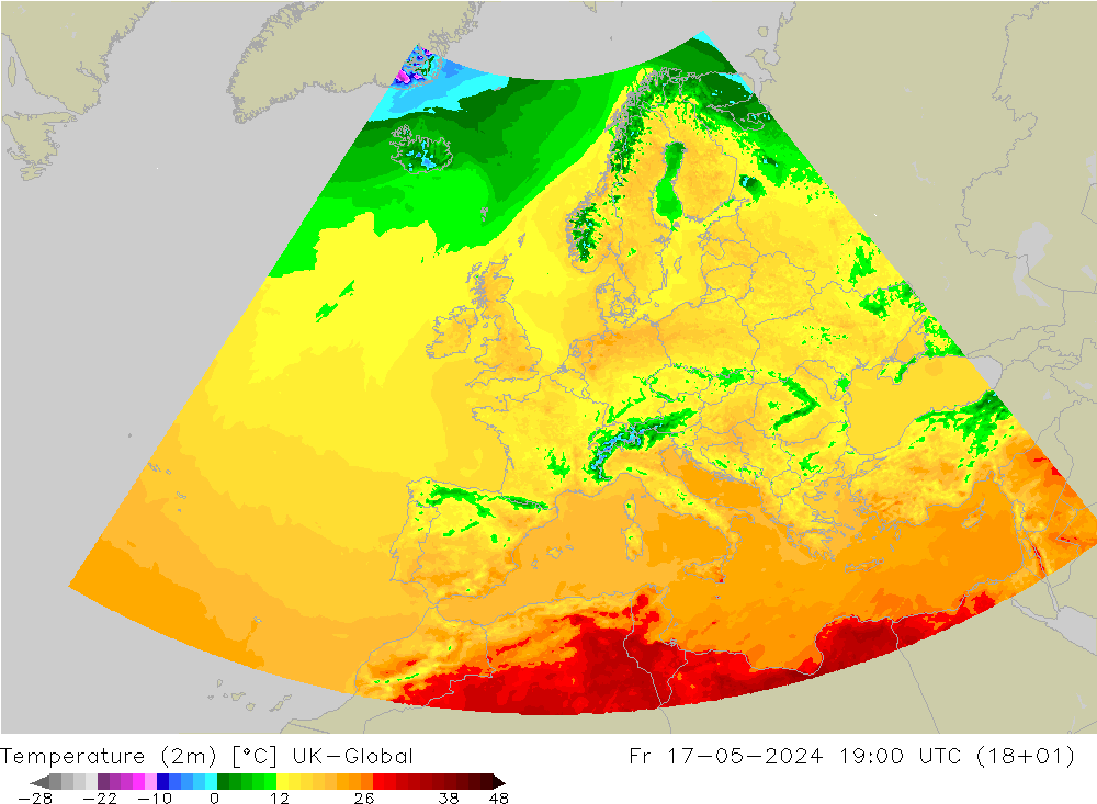Temperaturkarte (2m) UK-Global Fr 17.05.2024 19 UTC