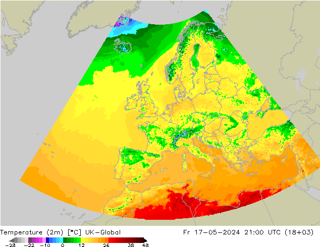Temperaturkarte (2m) UK-Global Fr 17.05.2024 21 UTC