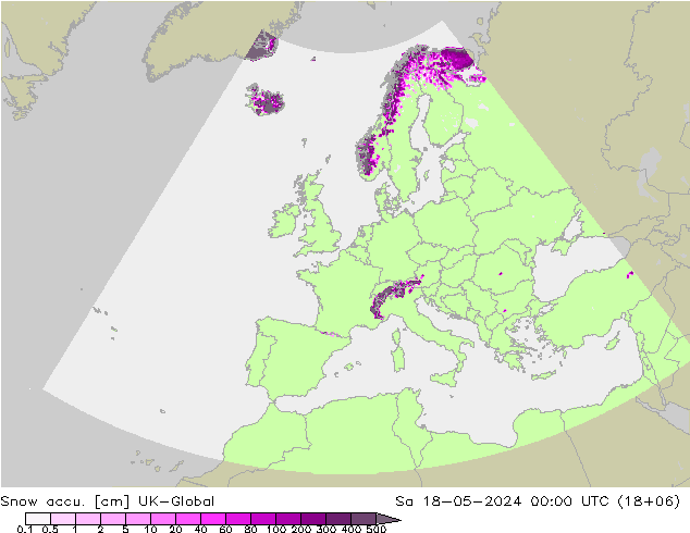 Snow accu. UK-Global Sáb 18.05.2024 00 UTC