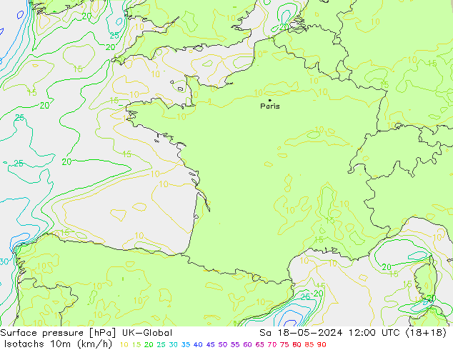 Isotachs (kph) UK-Global Sáb 18.05.2024 12 UTC