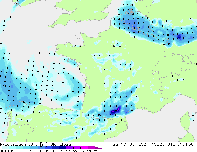 Precipitation (6h) UK-Global So 18.05.2024 00 UTC