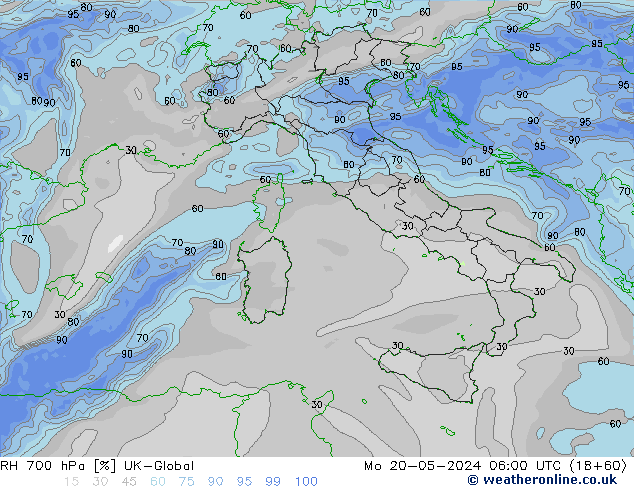 Humidité rel. 700 hPa UK-Global lun 20.05.2024 06 UTC