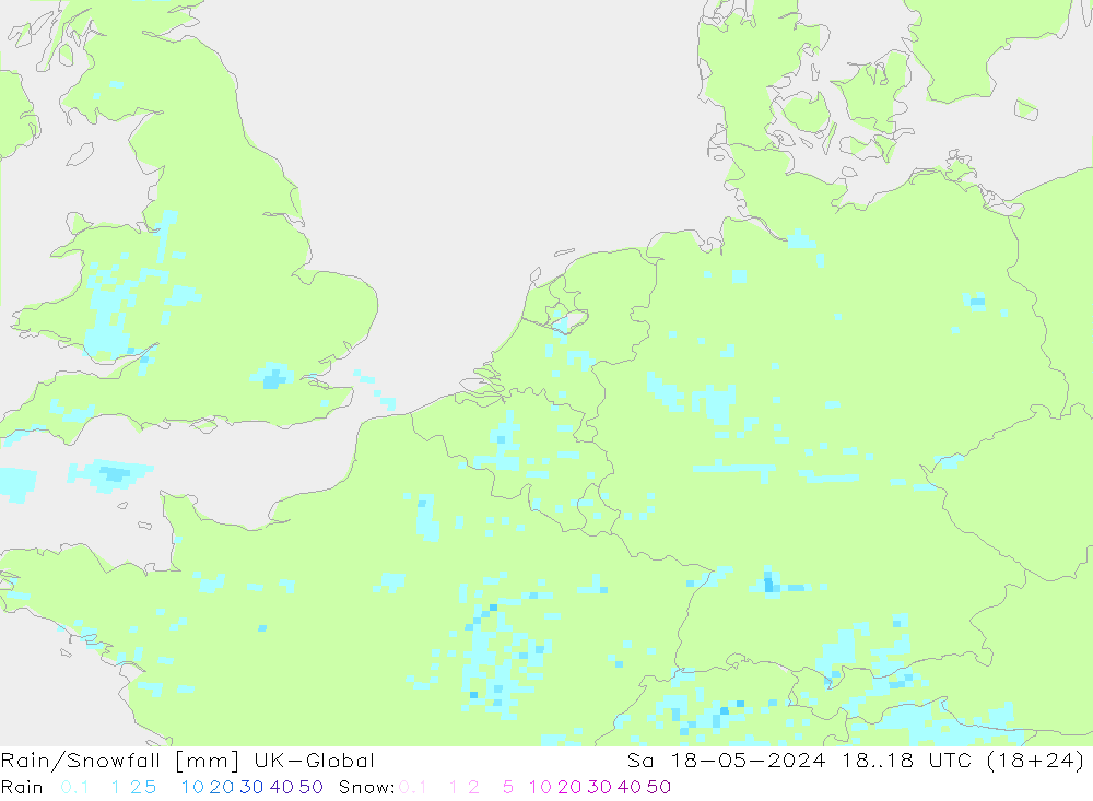 Regen/Sneeuwval UK-Global za 18.05.2024 18 UTC