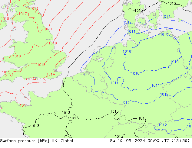 Atmosférický tlak UK-Global Ne 19.05.2024 09 UTC