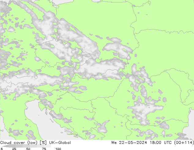 Cloud cover (low) UK-Global We 22.05.2024 18 UTC