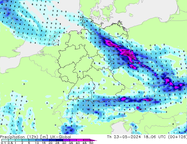 Precipitation (12h) UK-Global Th 23.05.2024 06 UTC