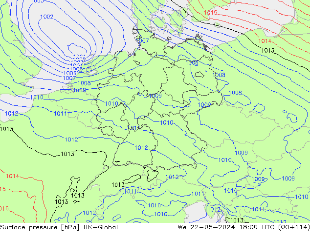Pressione al suolo UK-Global mer 22.05.2024 18 UTC