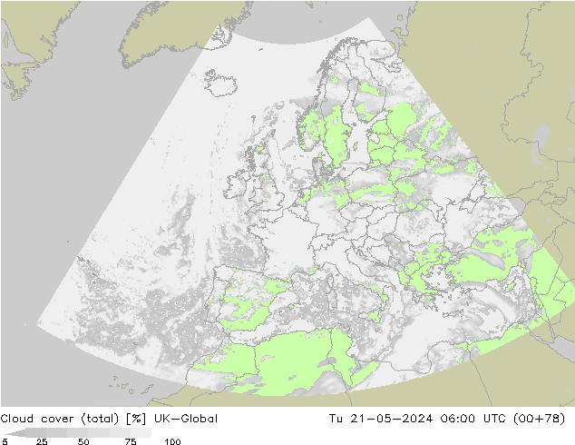 Cloud cover (total) UK-Global Tu 21.05.2024 06 UTC