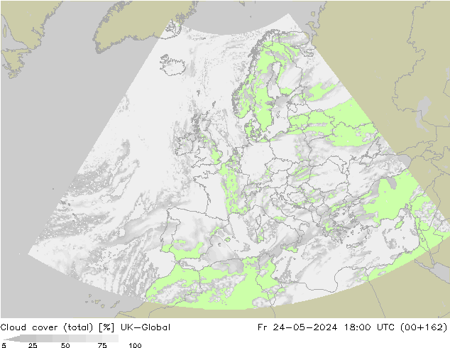Cloud cover (total) UK-Global Fr 24.05.2024 18 UTC