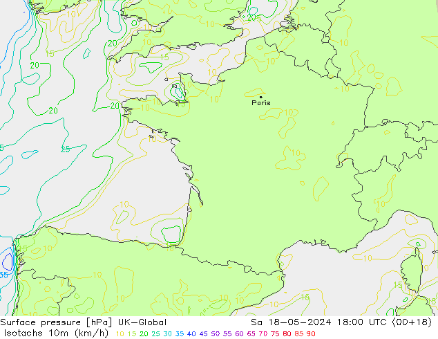 Isotachs (kph) UK-Global Sáb 18.05.2024 18 UTC