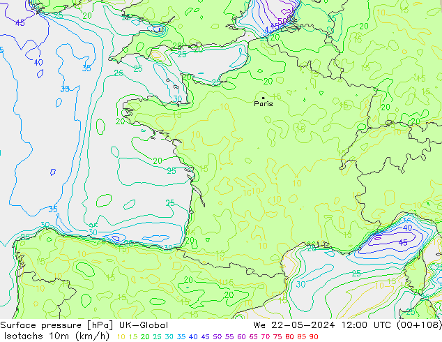 Isotachs (kph) UK-Global We 22.05.2024 12 UTC