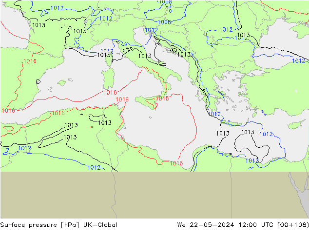 Pressione al suolo UK-Global mer 22.05.2024 12 UTC
