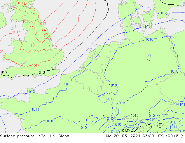 Atmosférický tlak UK-Global Po 20.05.2024 03 UTC
