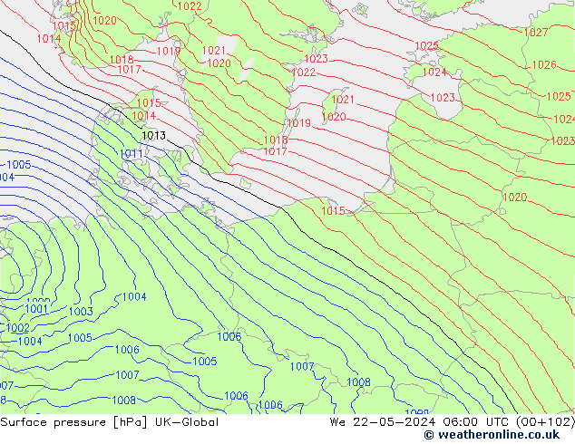 Surface pressure UK-Global We 22.05.2024 06 UTC